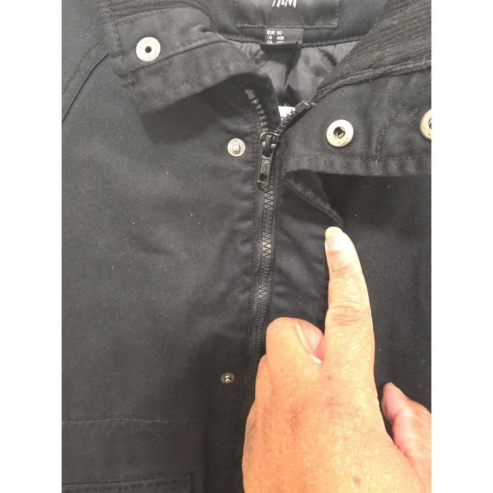 H & M Men's Black Heavy Cotton Jacket With Zipper & Button‎ Closure Size 40R